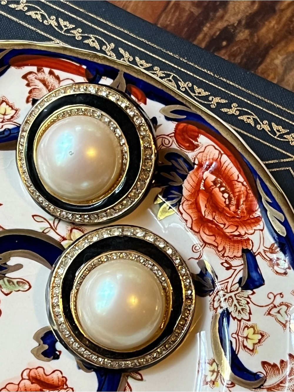 Vintage Signed Nina Ricci Black Enamel Faux Pearl Rhinestone Clip On Earrings